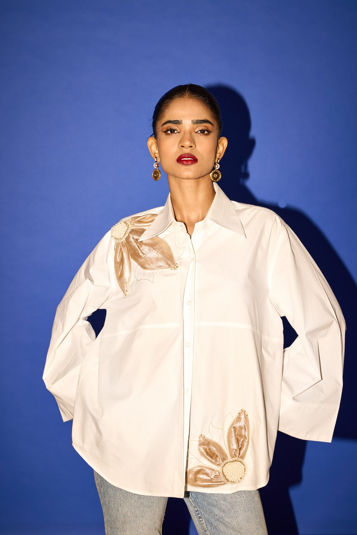 CY Esha Arora White Statement Shirt Closeup 1