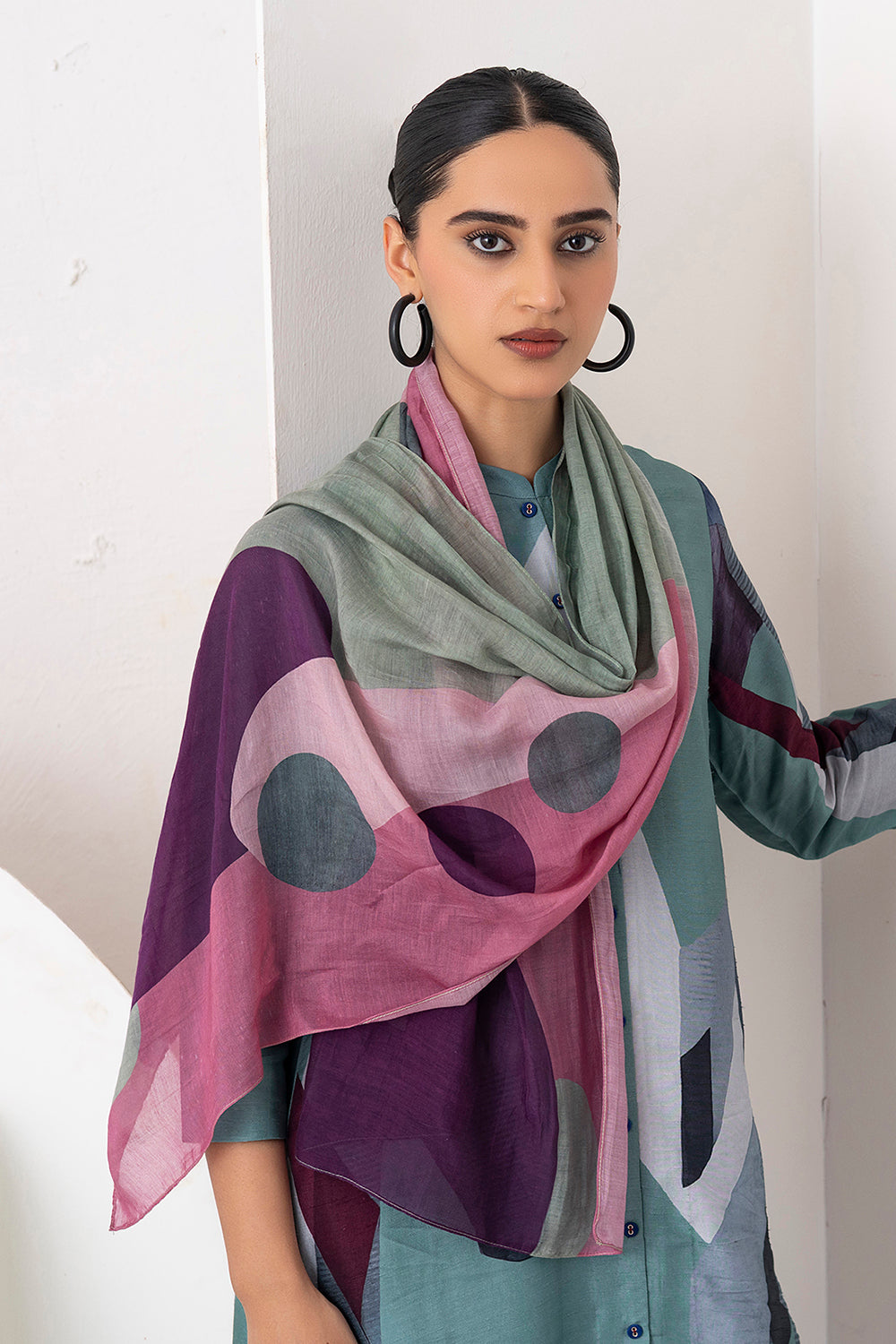 Salmon Pink & Wine Thin Chanderi Printed Stole (1 PC)
