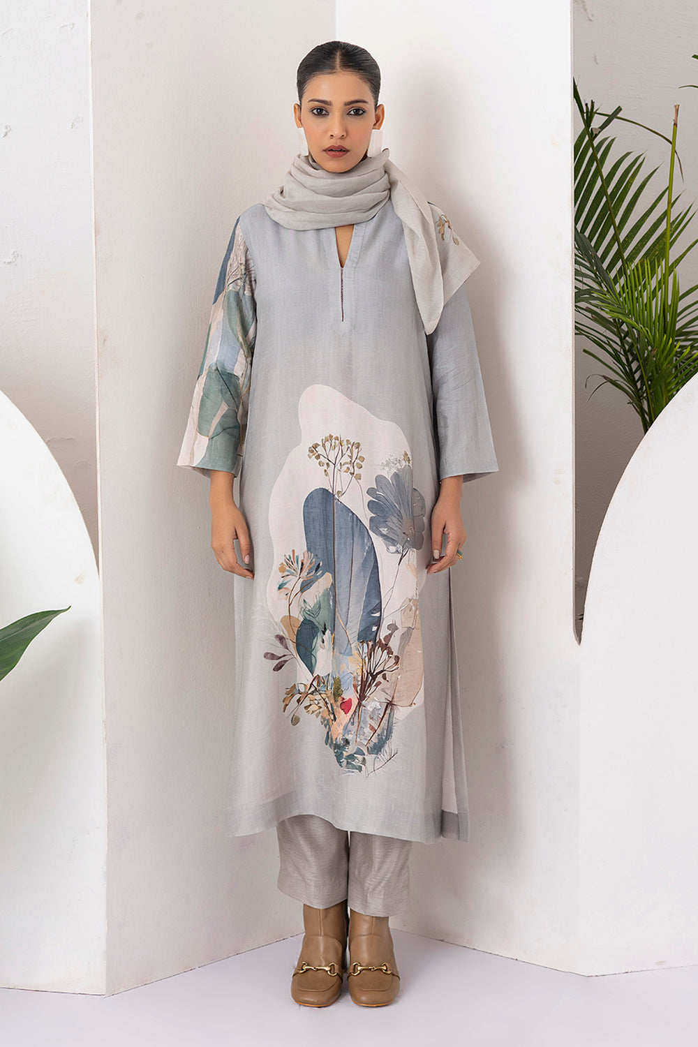 Grey Thin Chanderi Printed Stole (1 PC)