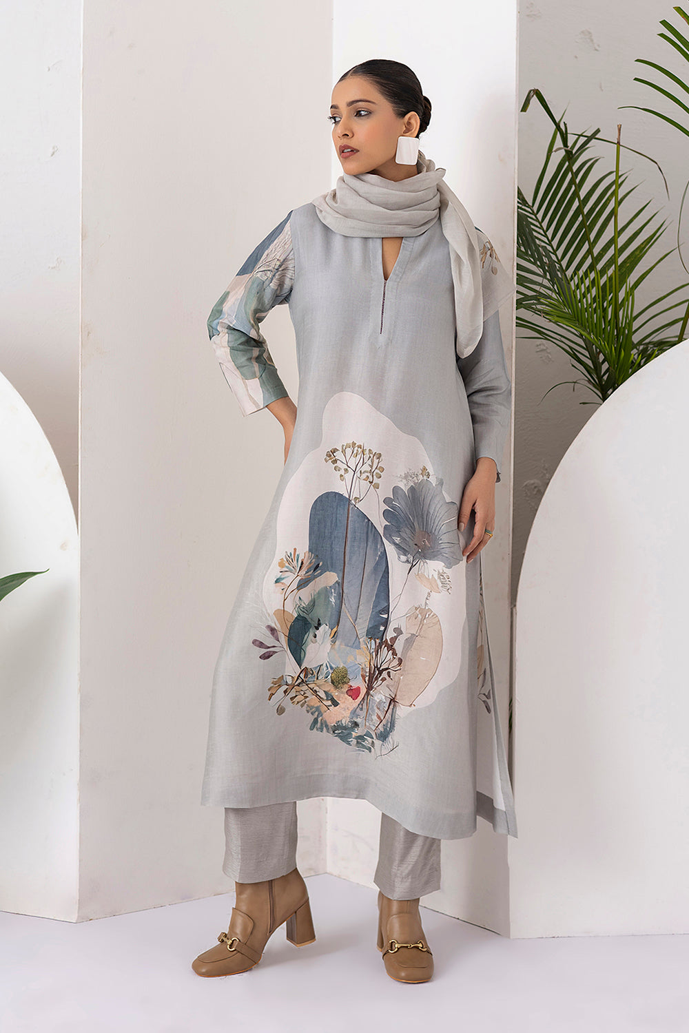 Grey Thin Chanderi Printed Stole (1 PC)