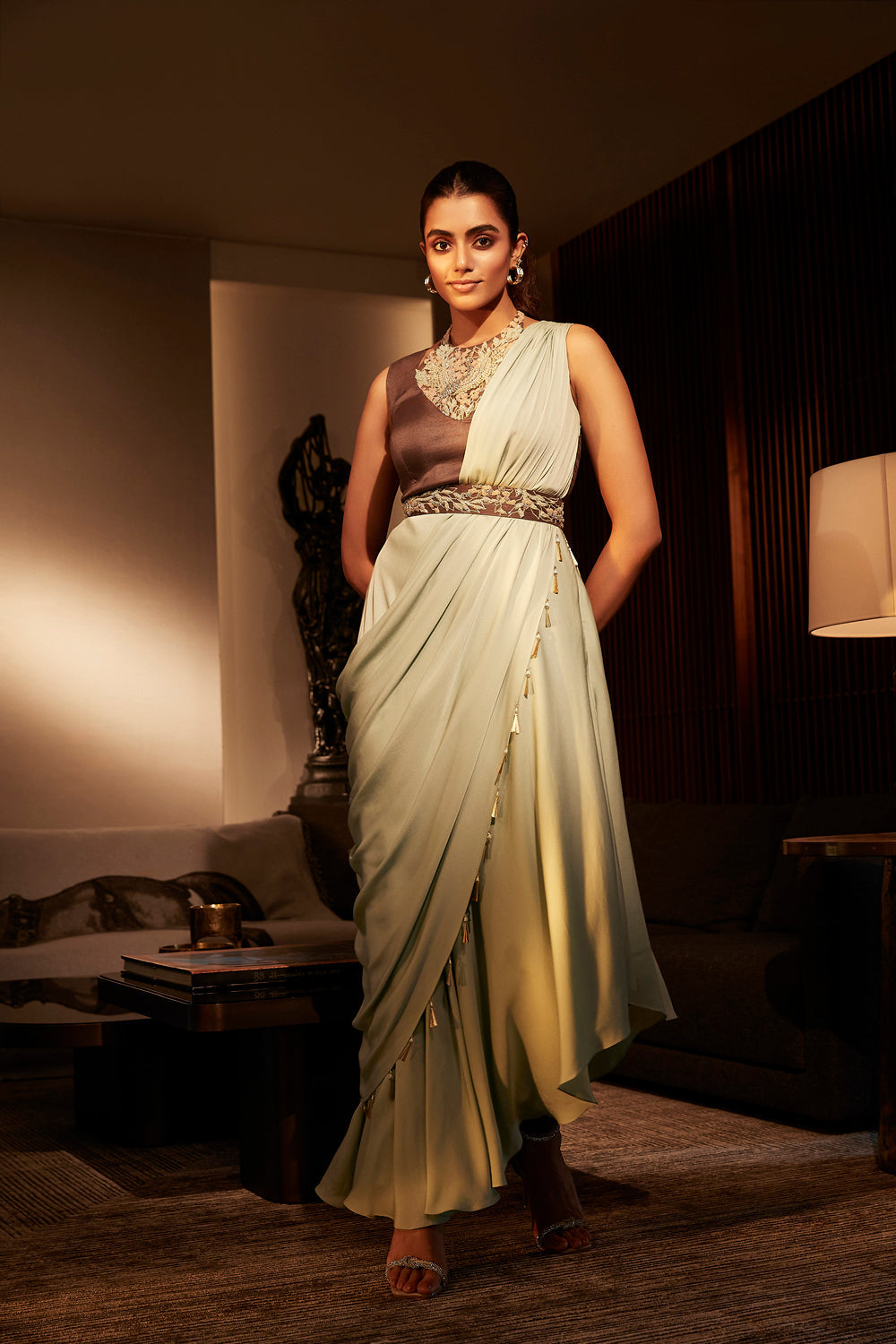 Embroidered Dress with Double Layer Drape