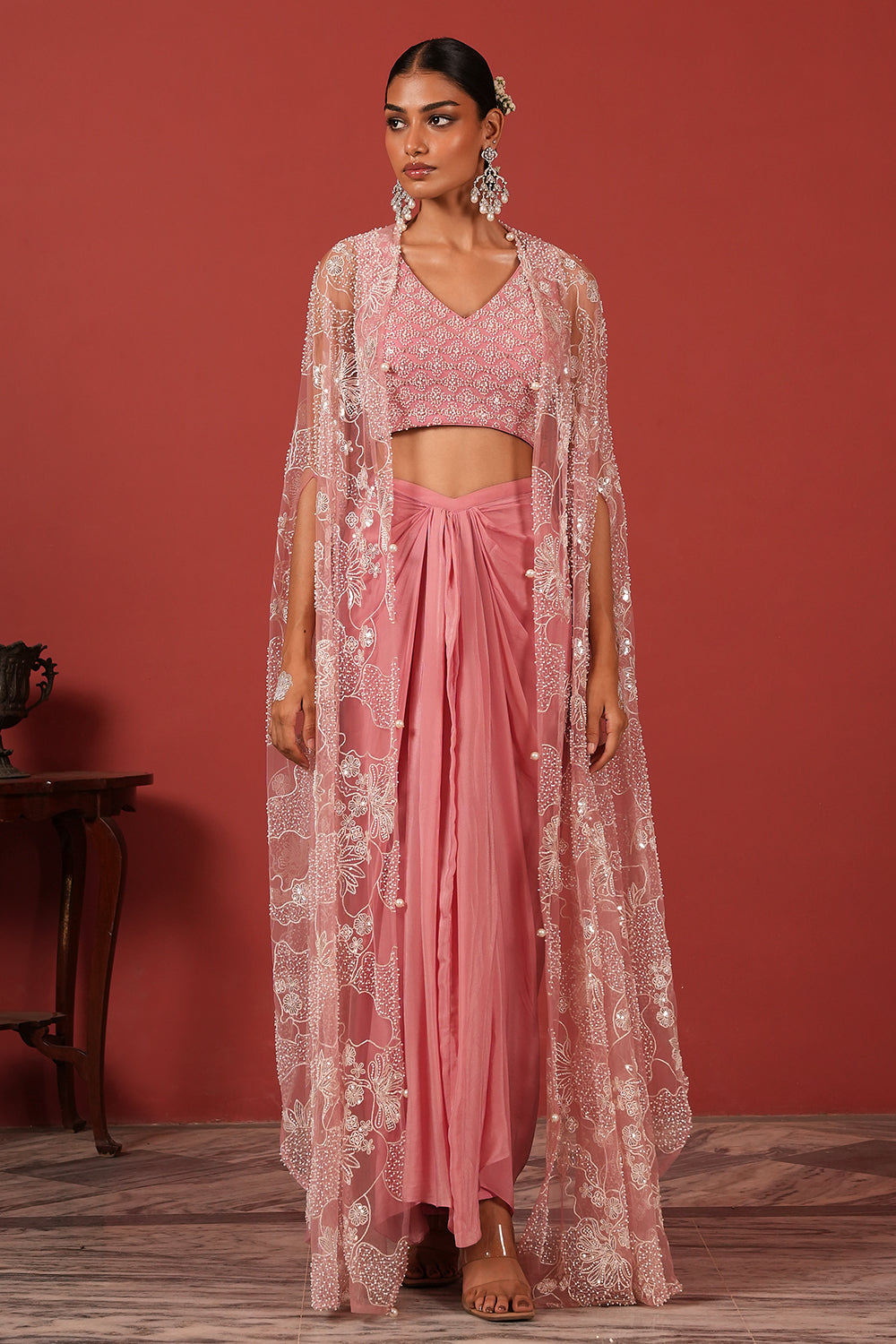 Flawless Drape Skirt Set with Embroidered Blouse & Cape