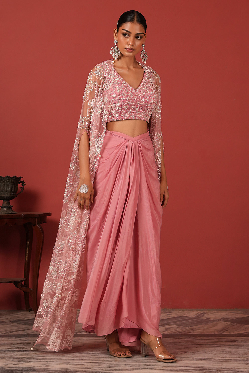 Flawless Drape Skirt Set with Embroidered Blouse & Cape