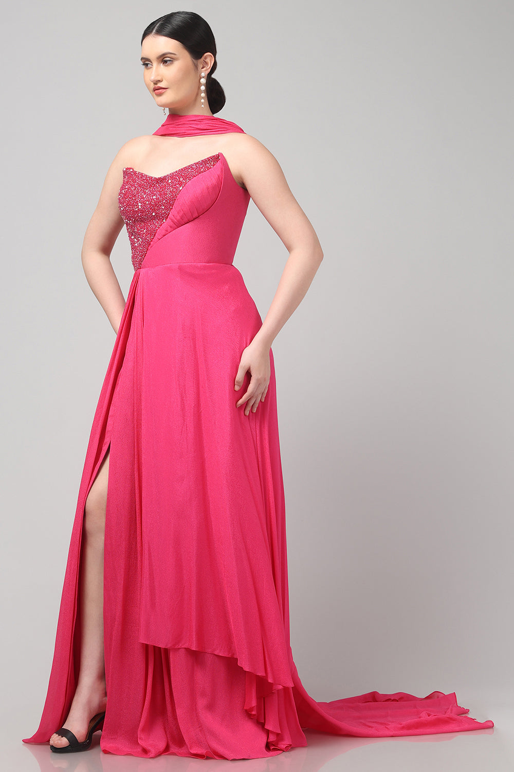 Fuchsia Embellished Strapless Saree Gown with Drape Detail