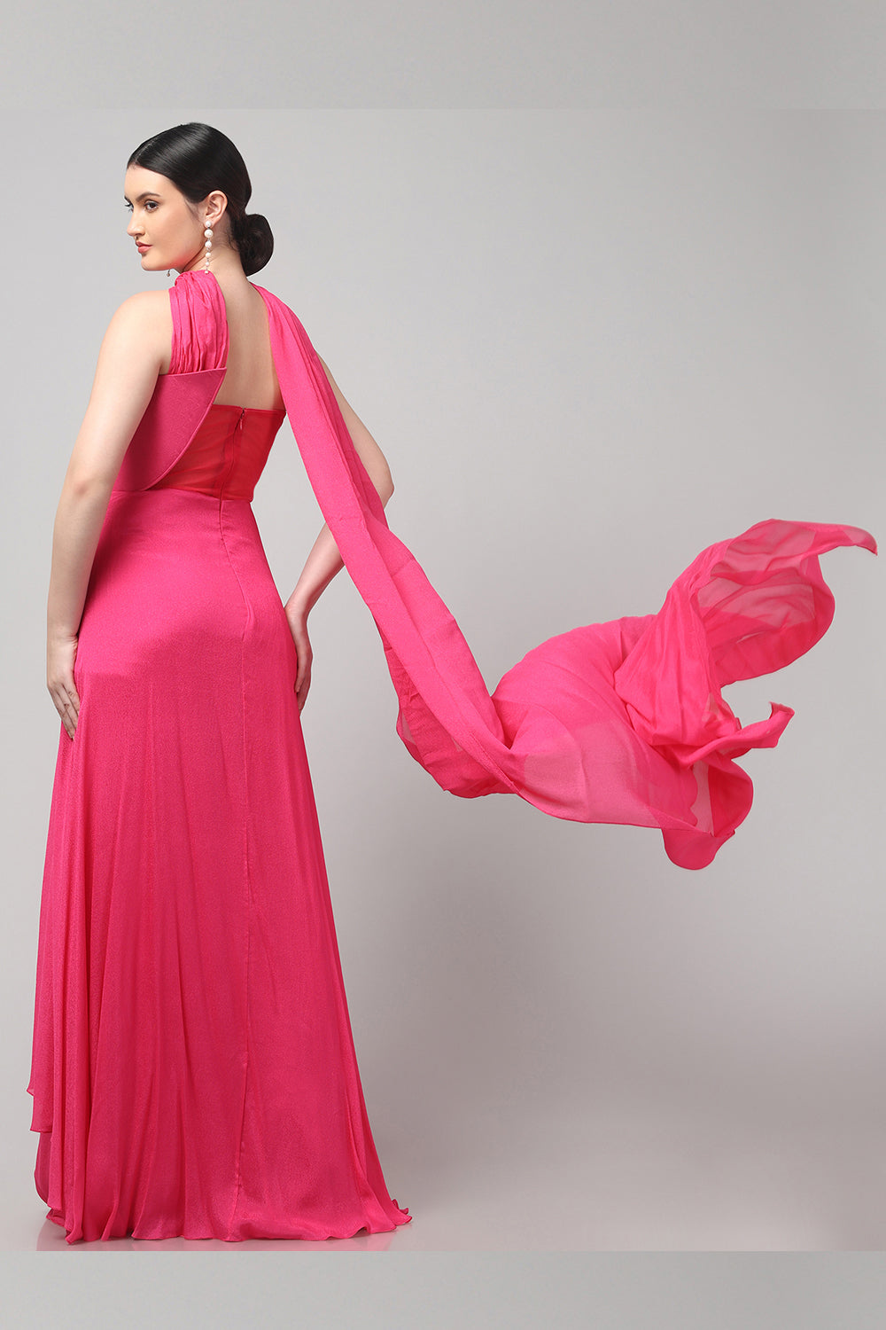 Fuchsia Embellished Strapless Saree Gown with Drape Detail