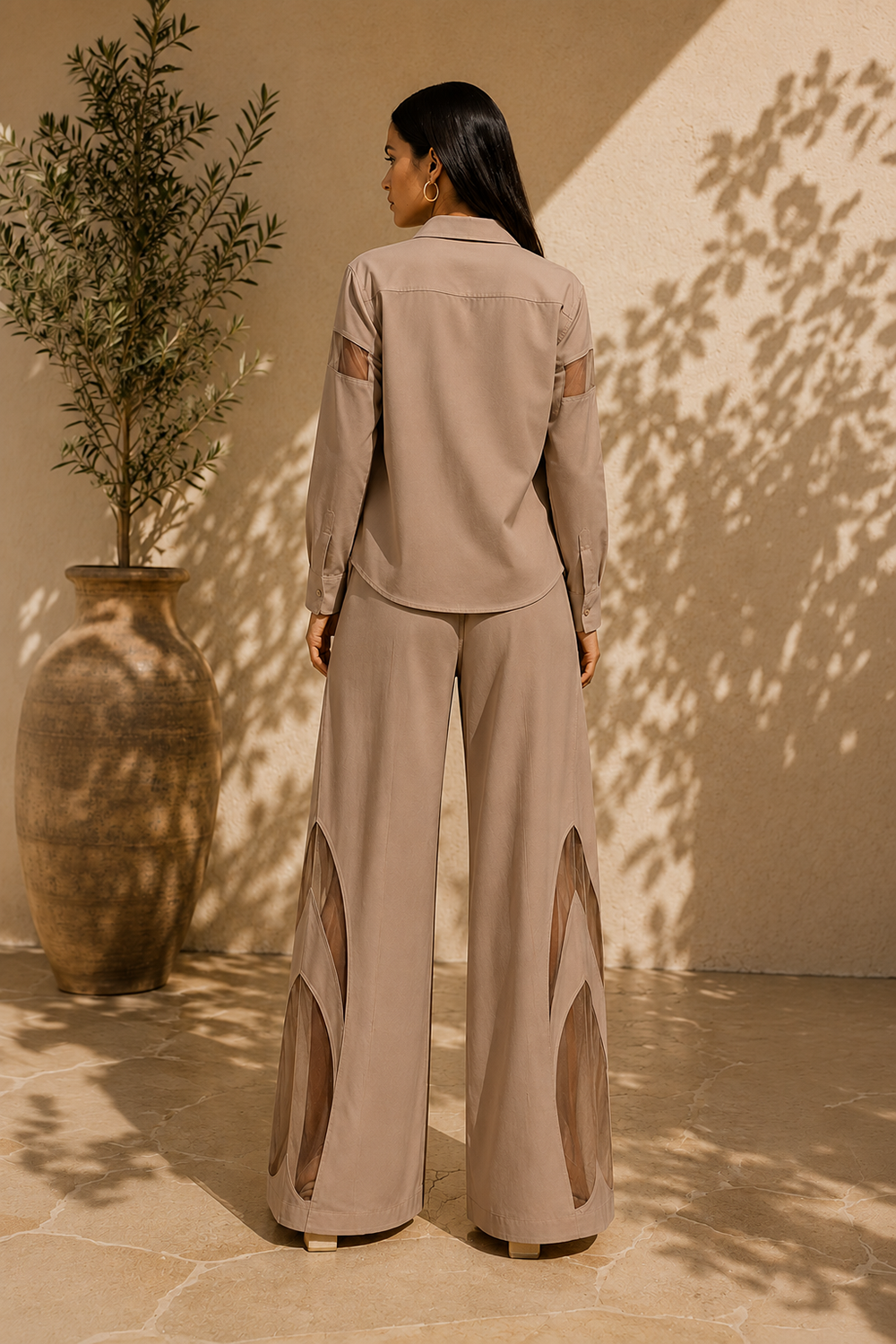 Mocha Cotton Blend Shirt & Sheer Panel Wide-Leg Co-Ord Set