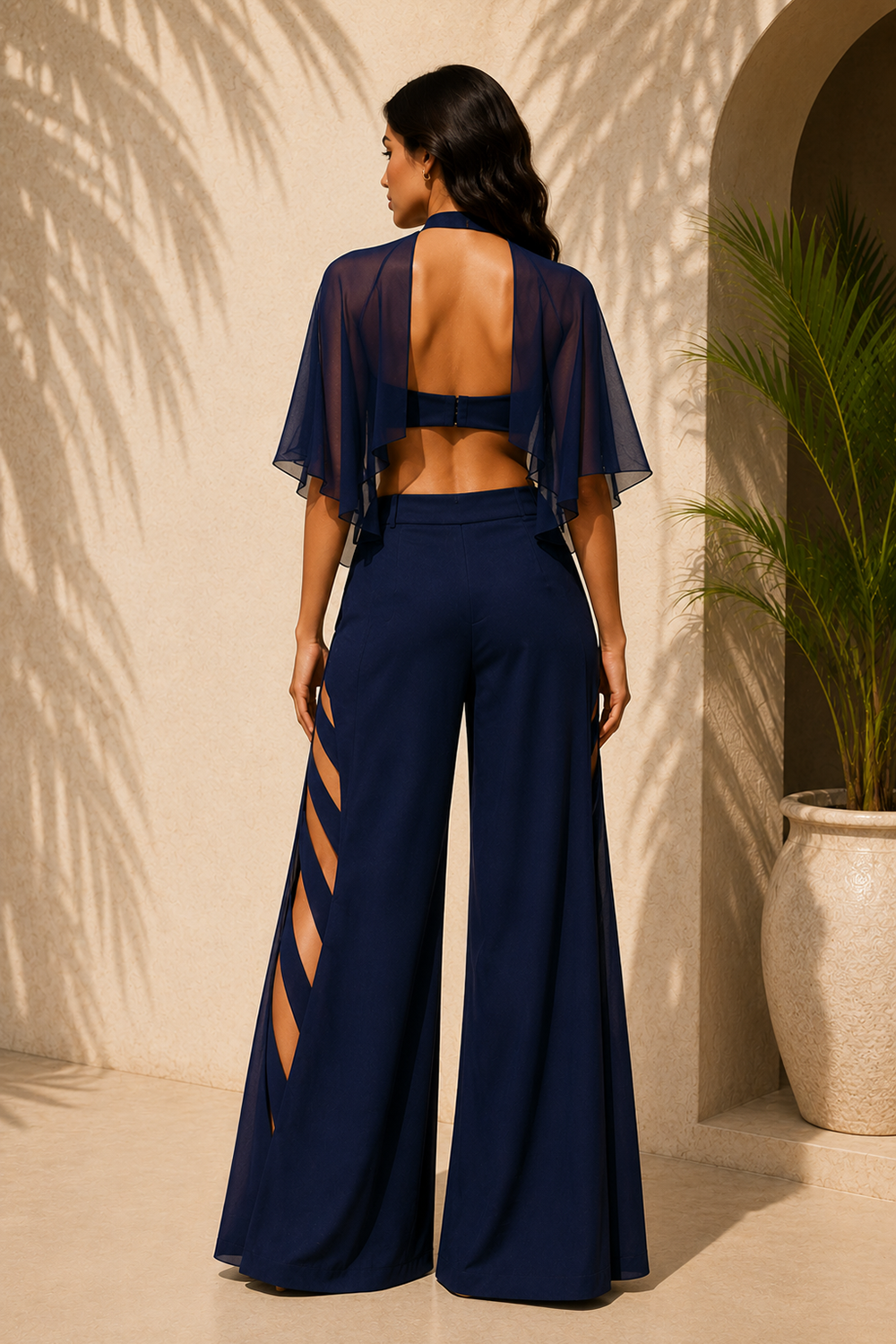 Navy Blue Premium Lycra Cut-Out Co-Ord Set with Sheer Cape & Slit Pant