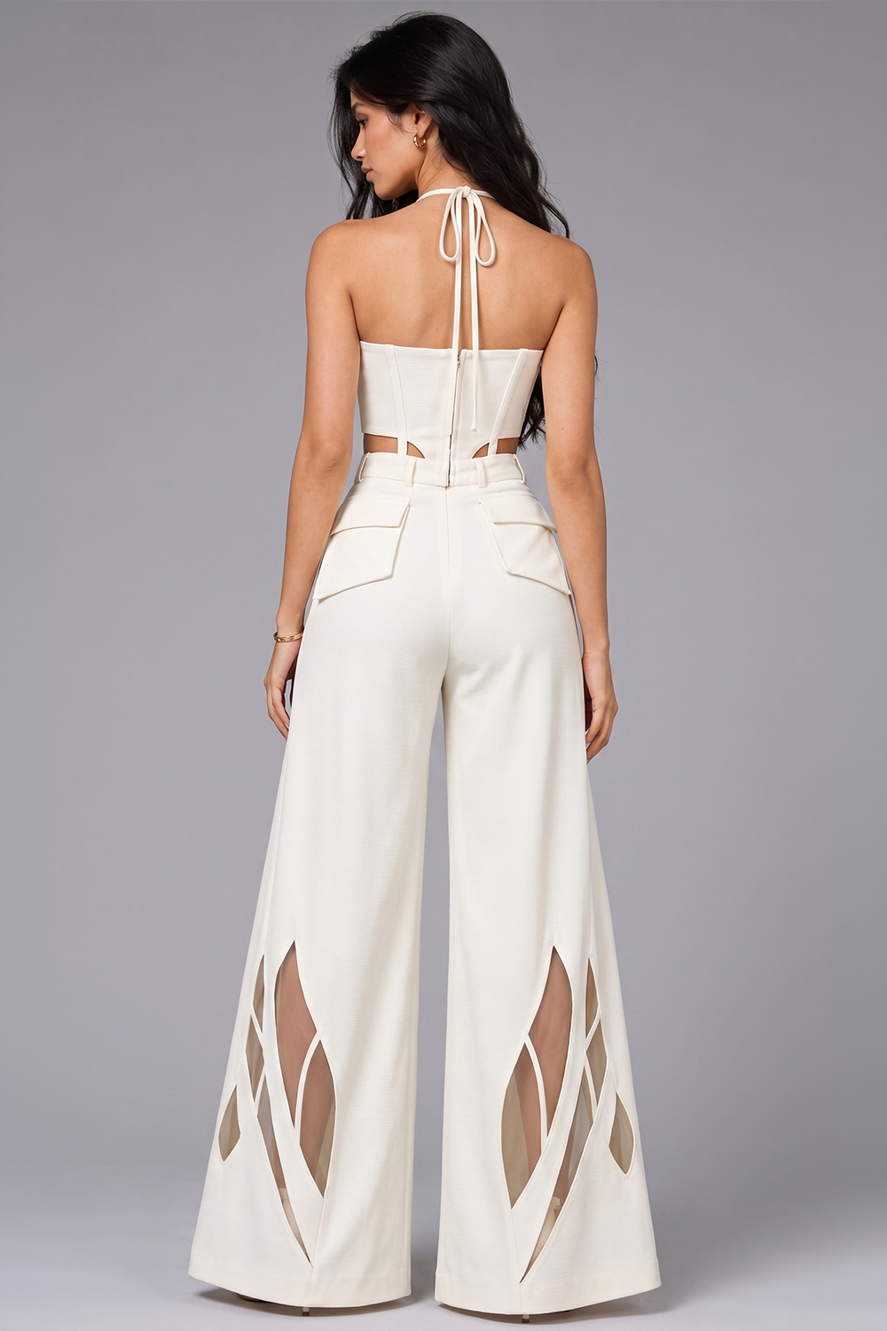 Ivory Zip-Up Halter Top & Wide-Leg Cutwork Pant Co-Ord Set