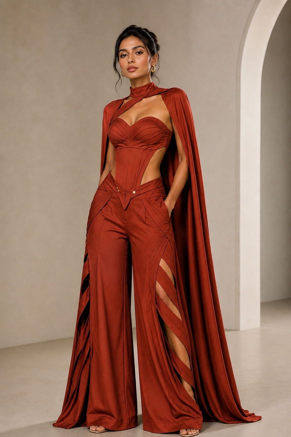 Rust Lycra Co-Ord Set with Sculpted Corset, Statement Cape