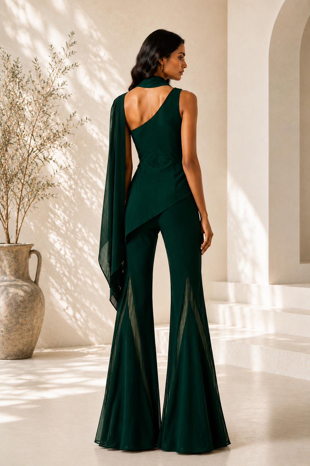 Emerald Green Premium Lycra One-Shoulder Designer Co-Ord Set