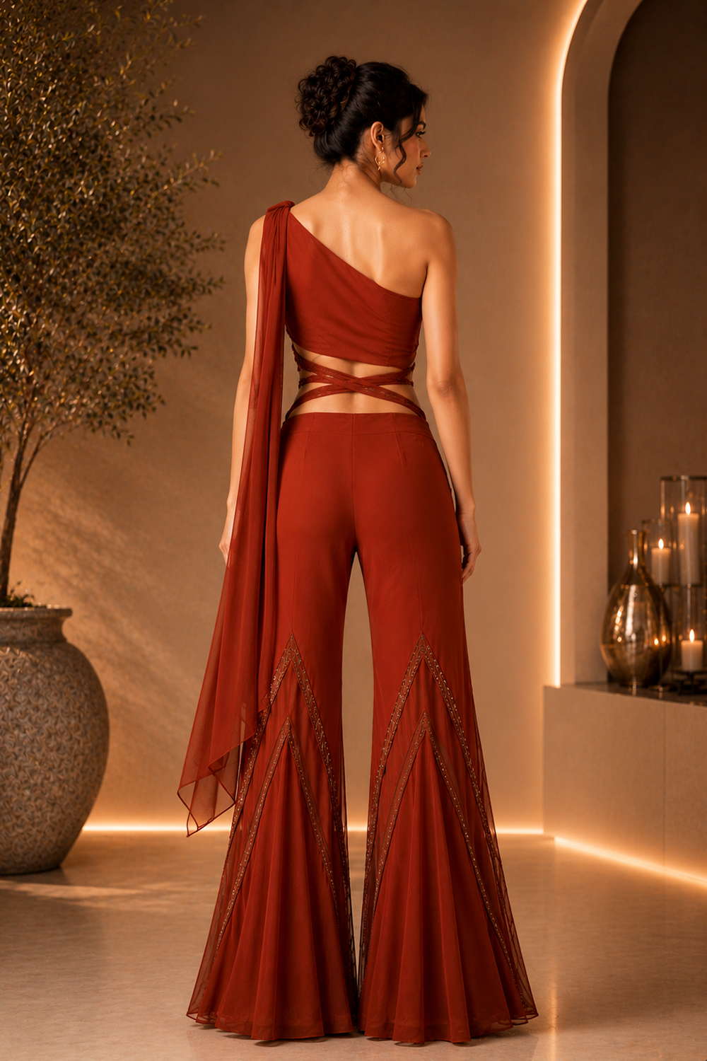 Red One-Shoulder Drape Detail & Sheer Panel Flared Pant Co-Ord Set
