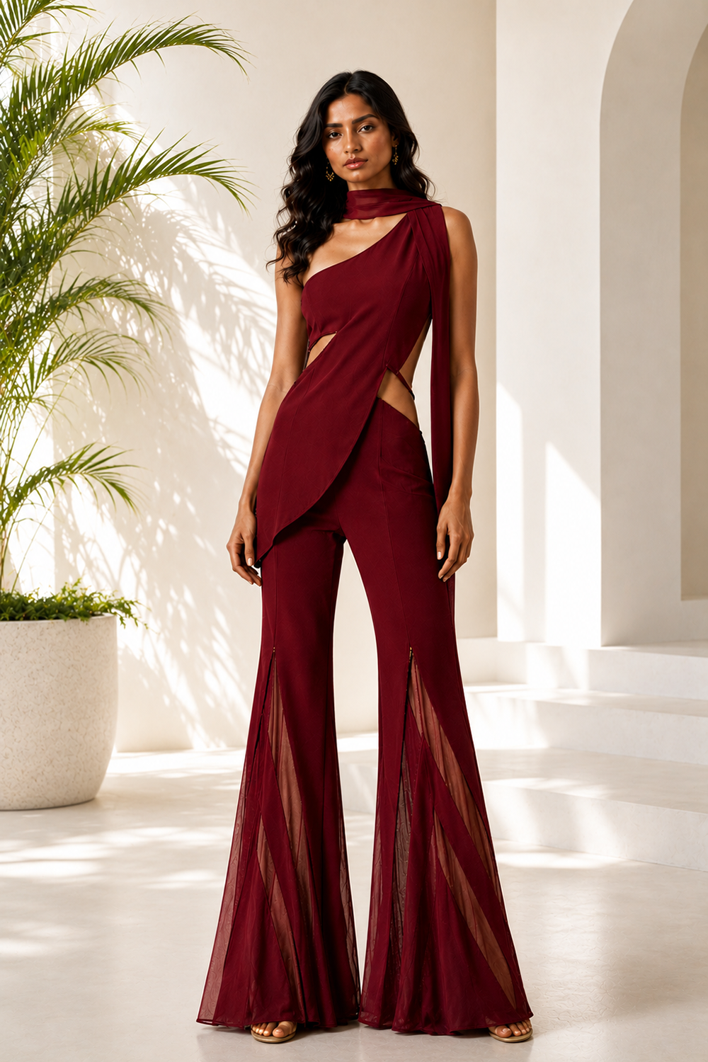 Wine One-Shoulder Co-Ord Set with Sheer Flared Pants