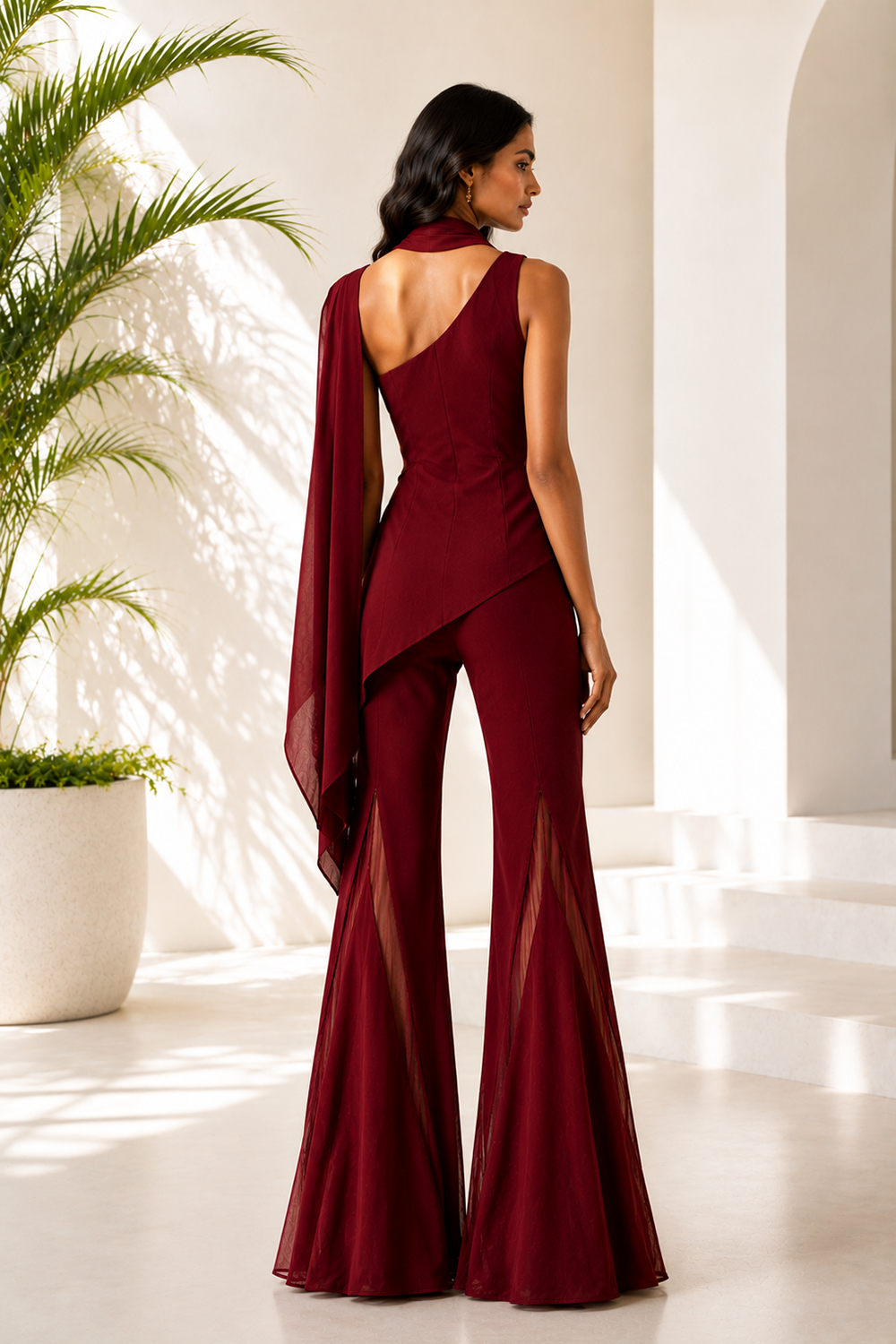 Wine One-Shoulder Co-Ord Set with Sheer Flared Pants