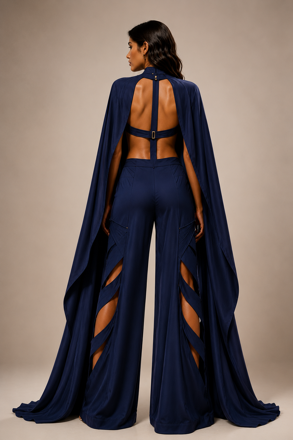Navy Blue Premium Lycra Sleeveless Cape Co-Ord Set