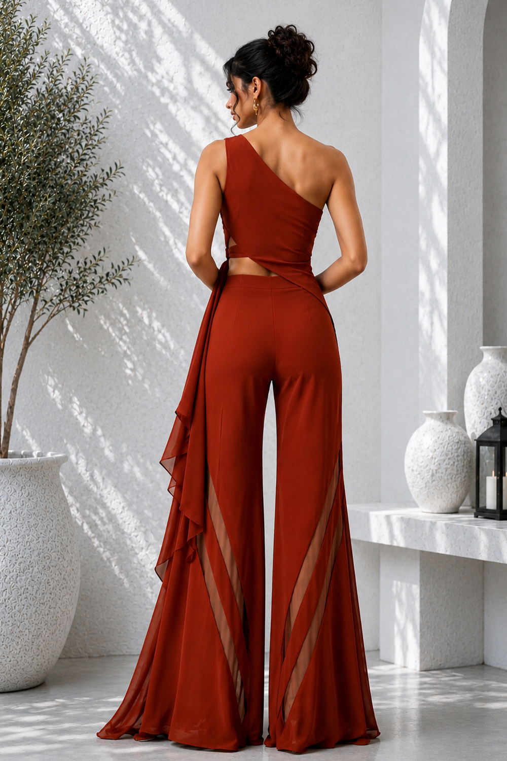 Wine One-Shoulder Asymmetric Premium Lycra Co-Ord Set