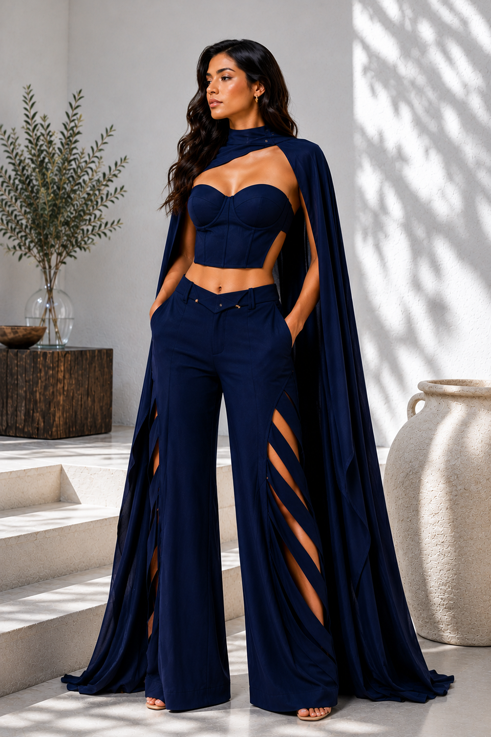 Midnight Blue Premium Lycra Cape Co-Ord Set with Corset Top & Cutout Wide-Leg Pants