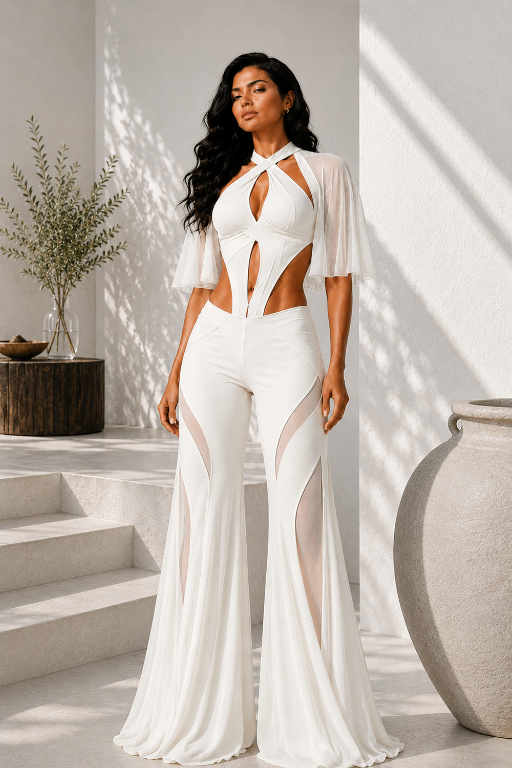 Ivory Premium Lycra Co-Ord Set with Sheer Sleeves, Cutout Top & Flared Pants