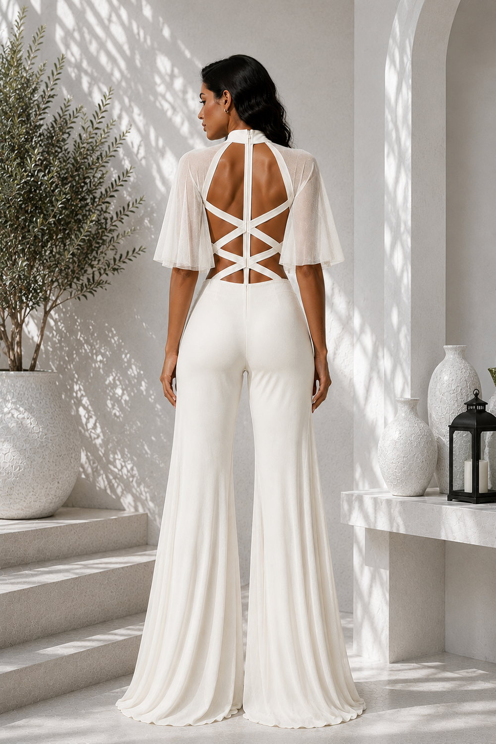 Ivory Premium Lycra Co-Ord Set with Sheer Sleeves, Cutout Top & Flared Pants