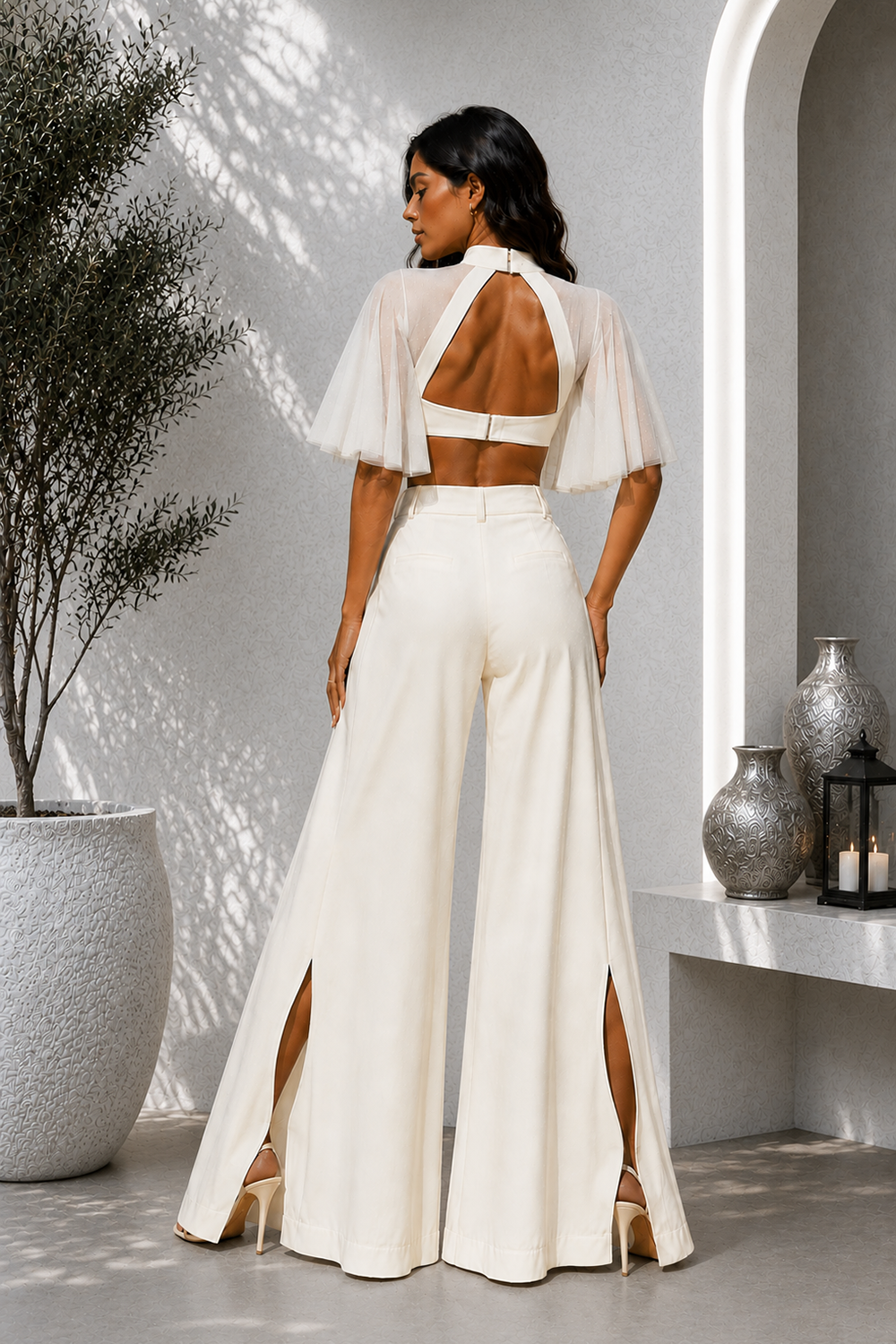 Ivory Premium Lycra Cut-Out Corset Co-Ord Set with Sheer Cape Sleeves