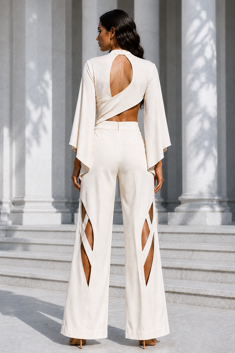 Ivory Premium Lycra One-Shoulder Co-Ord Set with Cape Sleeves