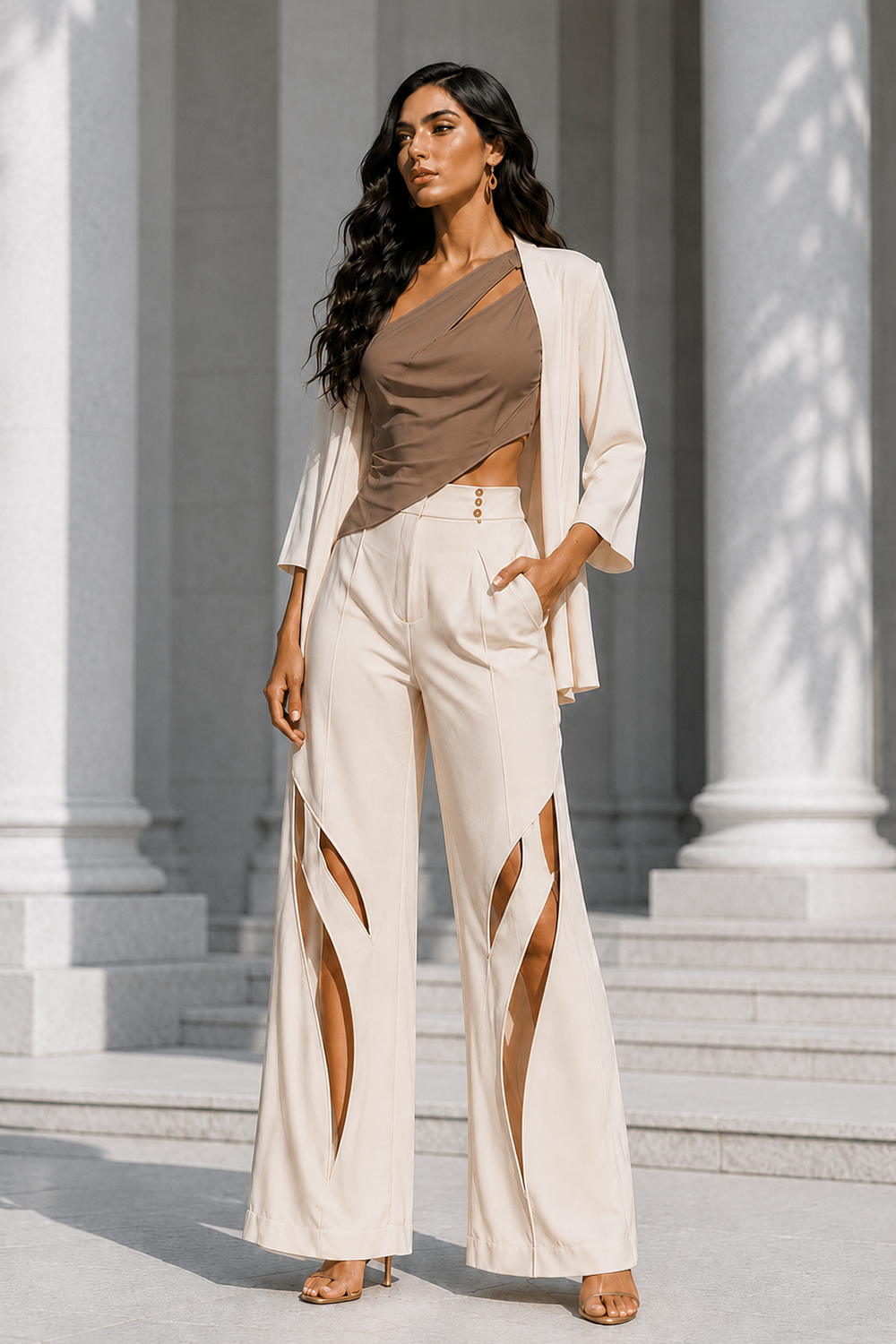 Ivory Premium Lycra One-Shoulder Draped Co-Ord Set with Blazer