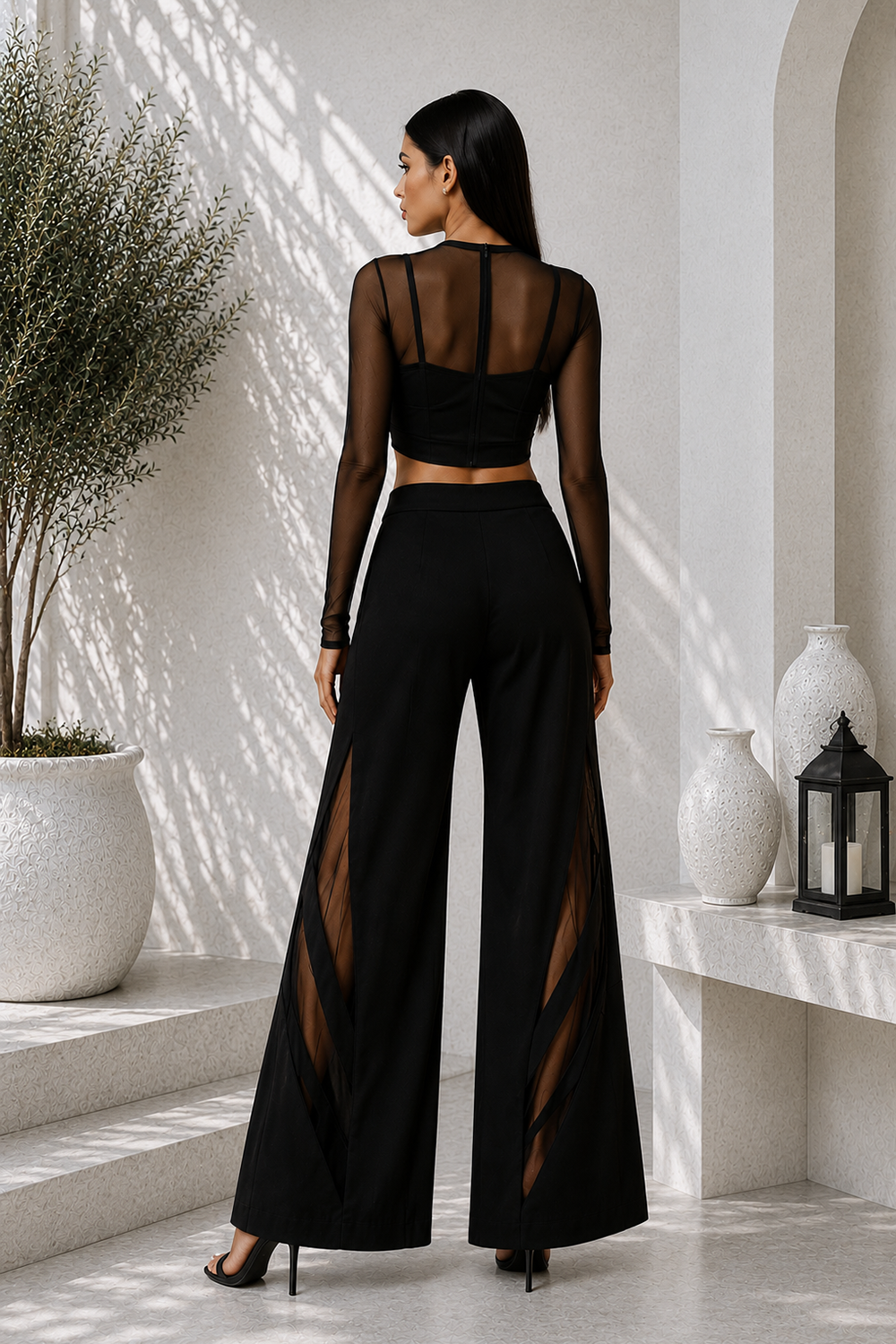 Black Lycra Corset Co-Ord Set with Sheer Mesh Top & Cut-Out Wide-Leg Pant