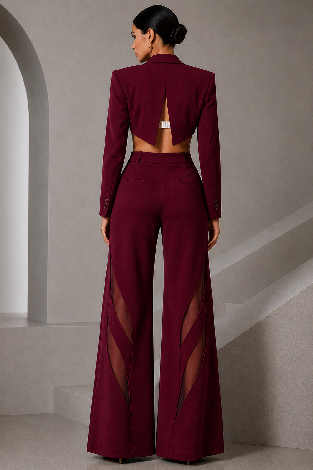 Wine Lycra Three-Piece Co-Ord Set with Cropped Blazer