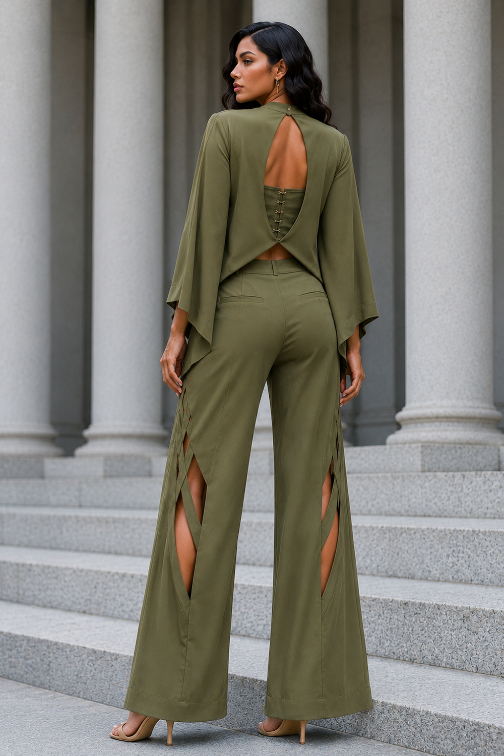 Olive Lycra Three-Piece Co-Ord Set with Corset Top, Cape Jacket