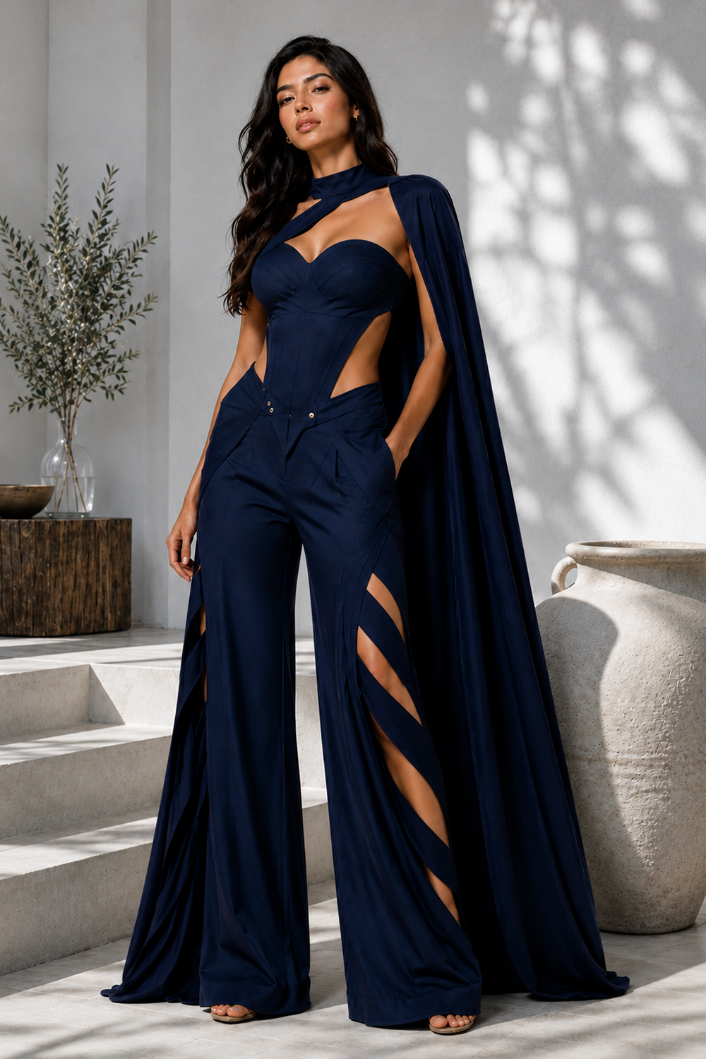Midnight Blue Sculpted Corset, Statement Cape & Cutwork Wide-Leg Pants