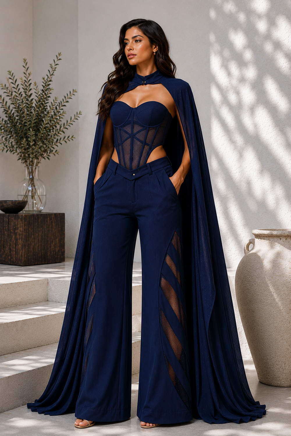 Midnight Blue Corset Top, Cape & Cutwork Wide-Leg Pant