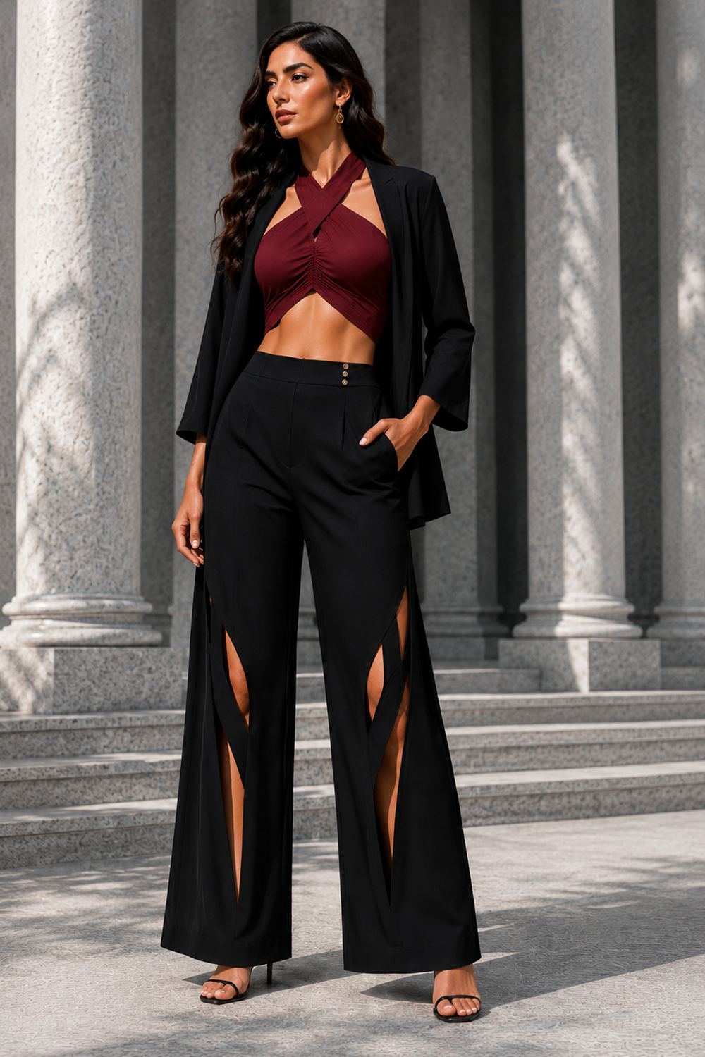 Black Premium Lycra Three-Piece Co-Ord Set with Halter Crop Top, Cape Jacket