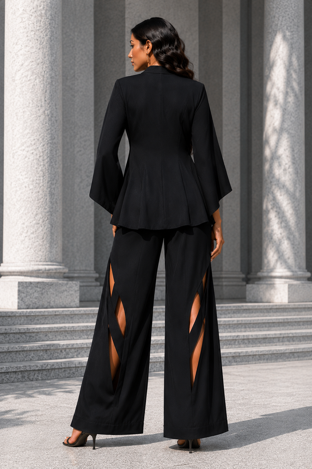 Black Premium Lycra Three-Piece Co-Ord Set with Halter Crop Top, Cape Jacket