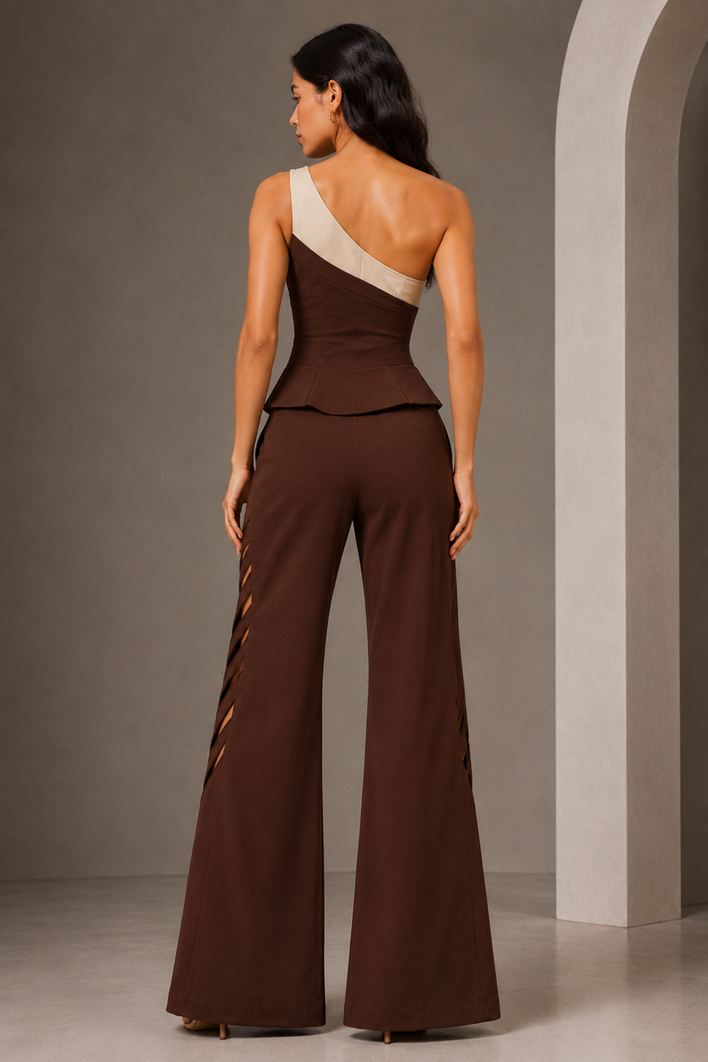 Women’s Chocolate Brown One-Shoulder Corset Jumpsuit with Beige Trim & Striped Cut-Out Wide-Leg Trousers