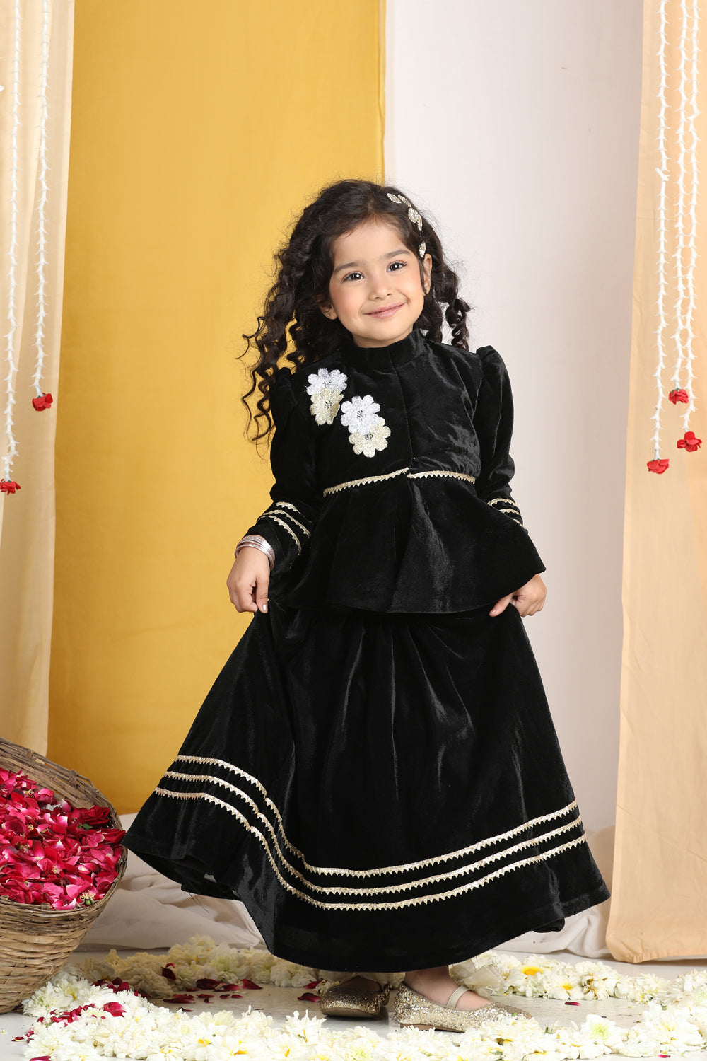 Flattened Thread Work Embroidery On The Peplum Blouse With Gotta Detailing On The Lehanga