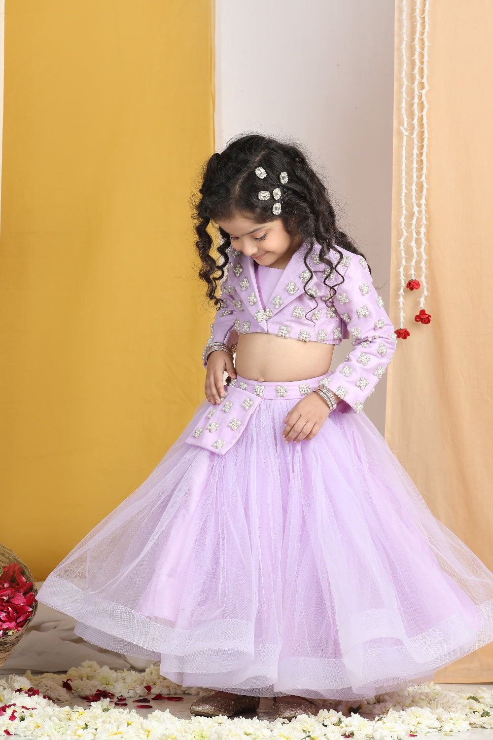 Pearl N Swaroski Work On Blouse N Lehanga Belt With Net Flare Lehanga