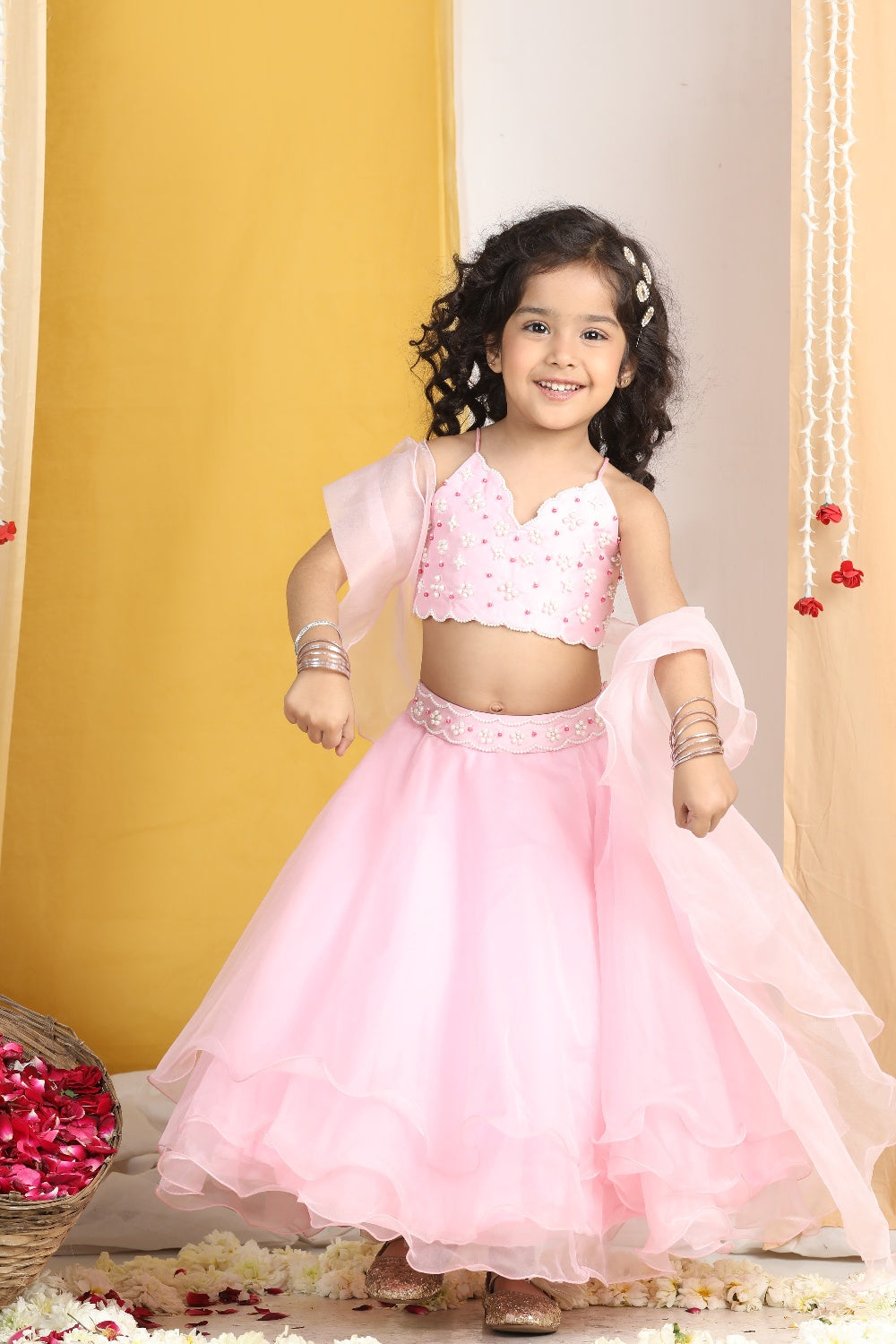 Pearl Work On Blouse With Organza Lehanga