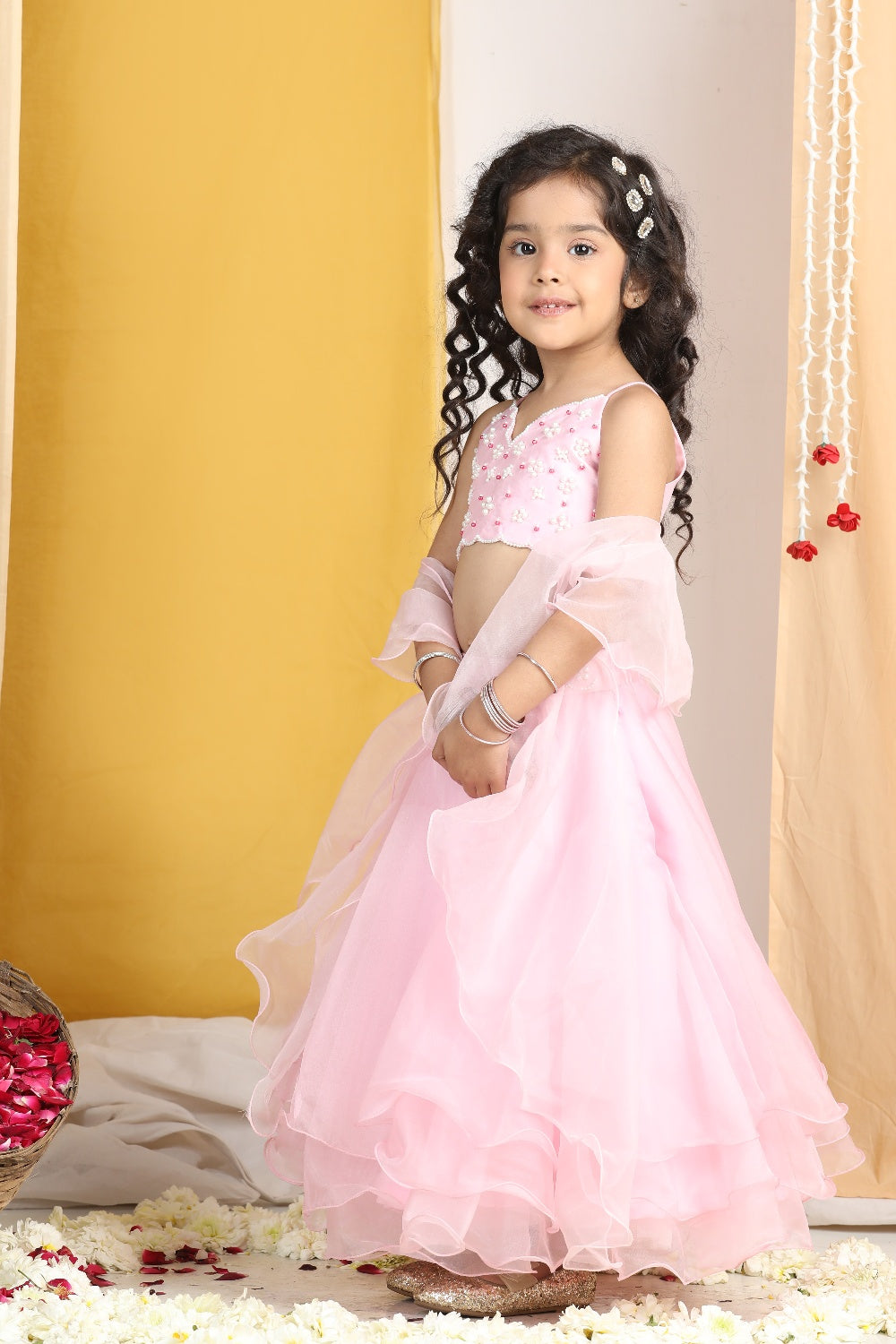 Pearl Work On Blouse With Organza Lehanga