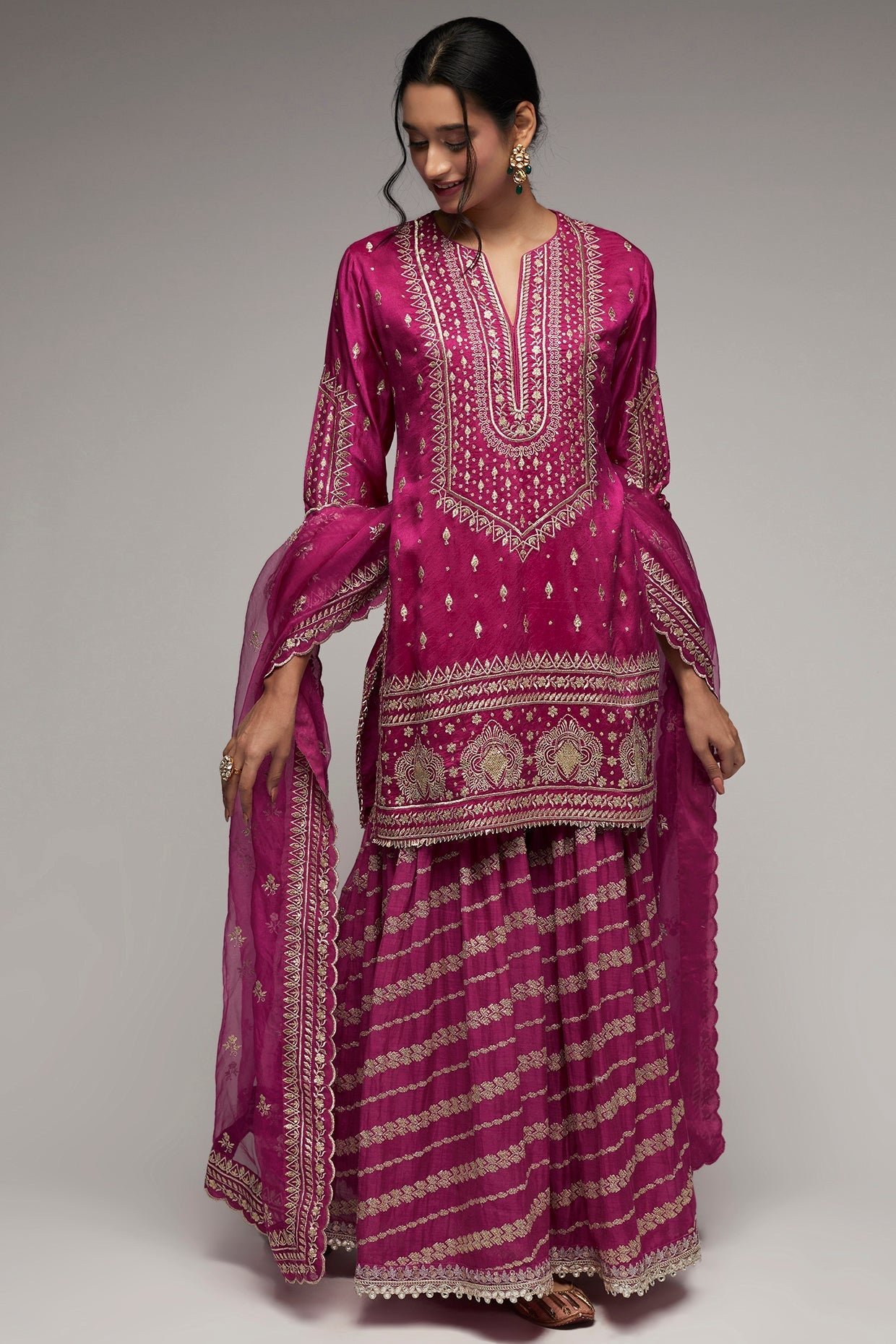 Rati Short Kurta With Magenta Pink Jamdani Garara Set