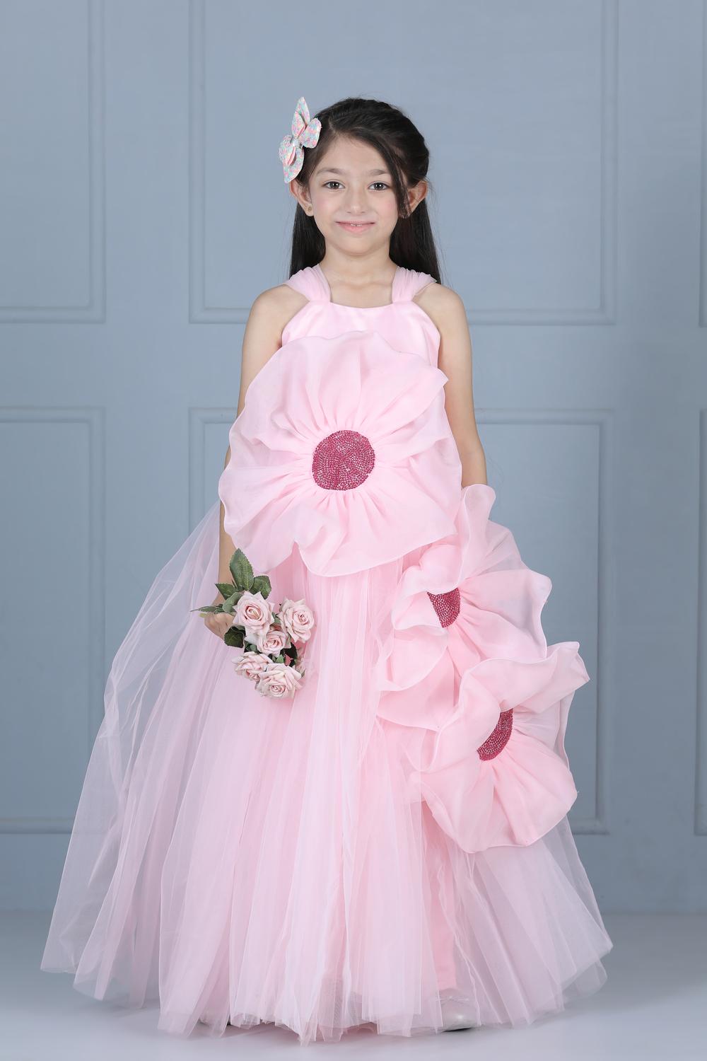 Net Flare Dress With 3D Flower