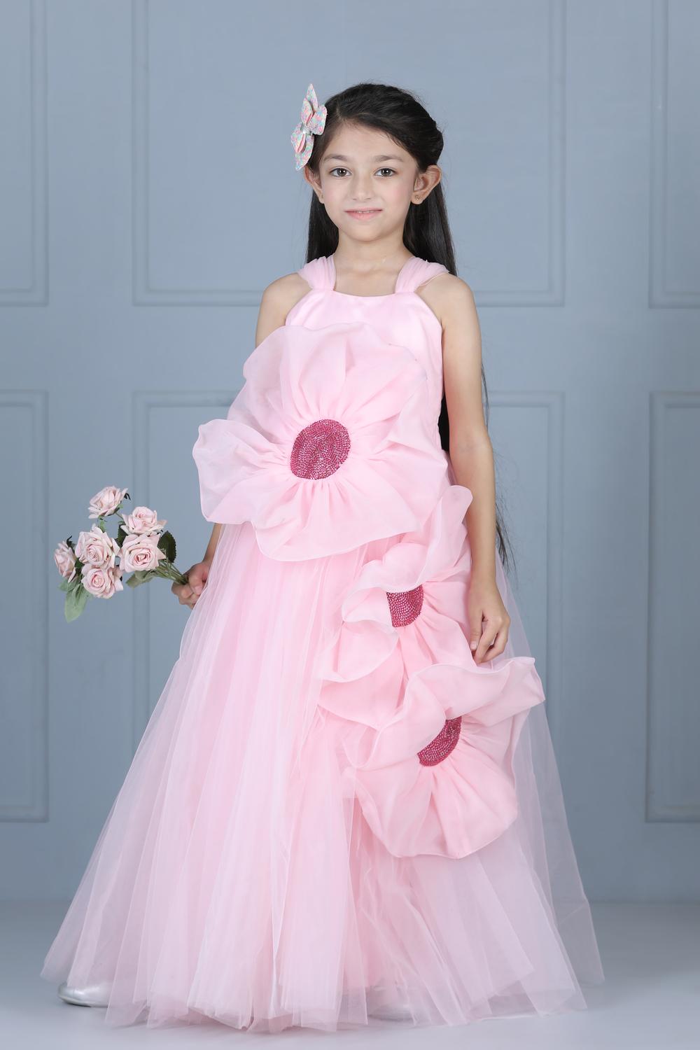 Net Flare Dress With 3D Flower