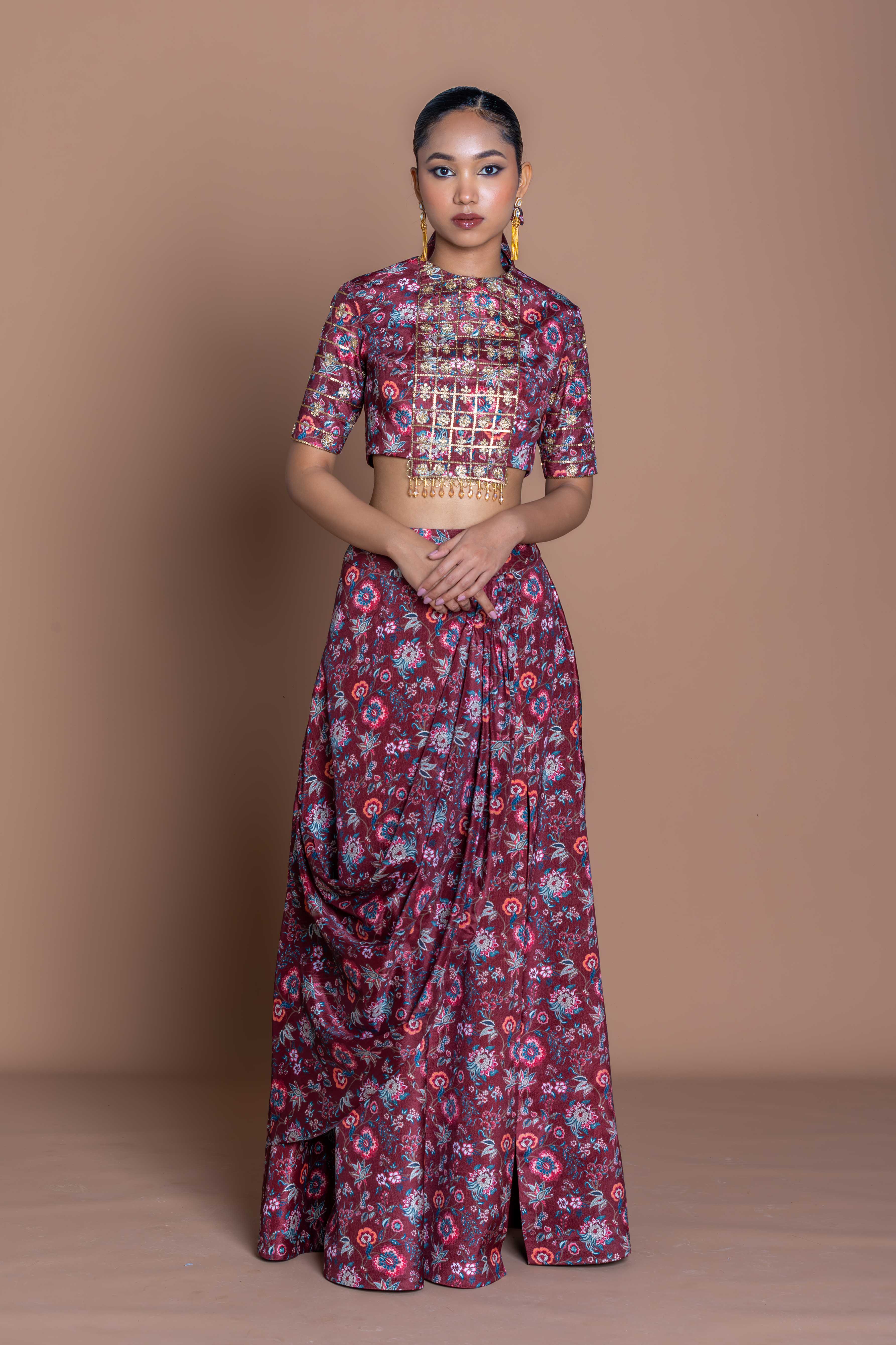 Garnet Grid Draped Skirt Set