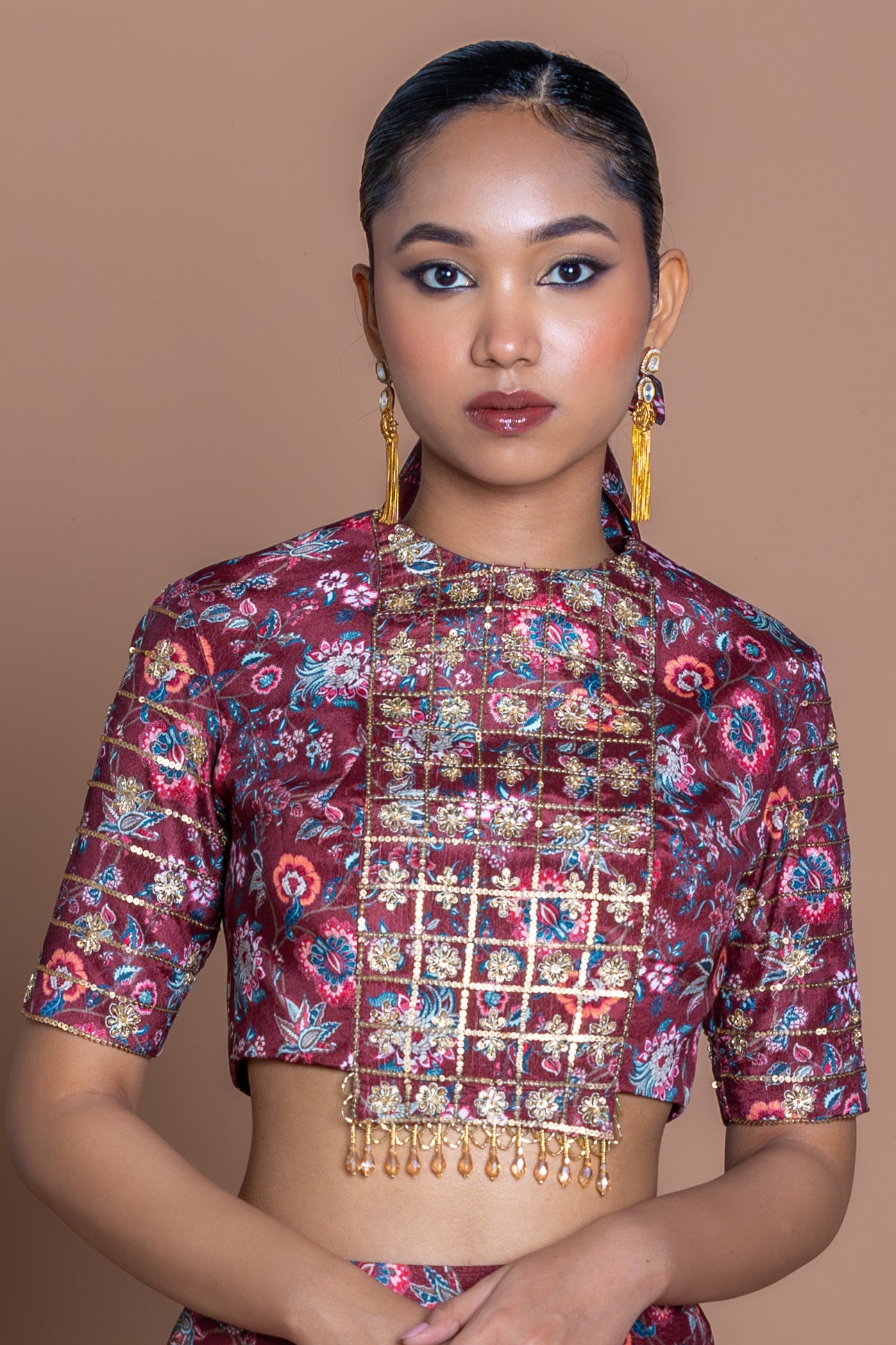 Garnet Grid Draped Skirt Set