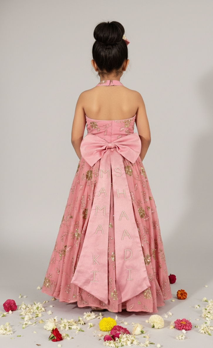 Girls' Pink Floral Embroidered Lehenga Set | Halter Neck Ethnic Wear - CuddlesClothing