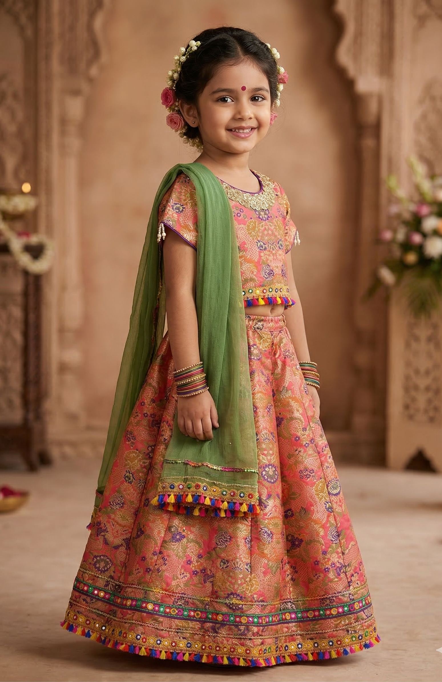 Girls Banarsi Silk Lehenga Set with Net Dupatta