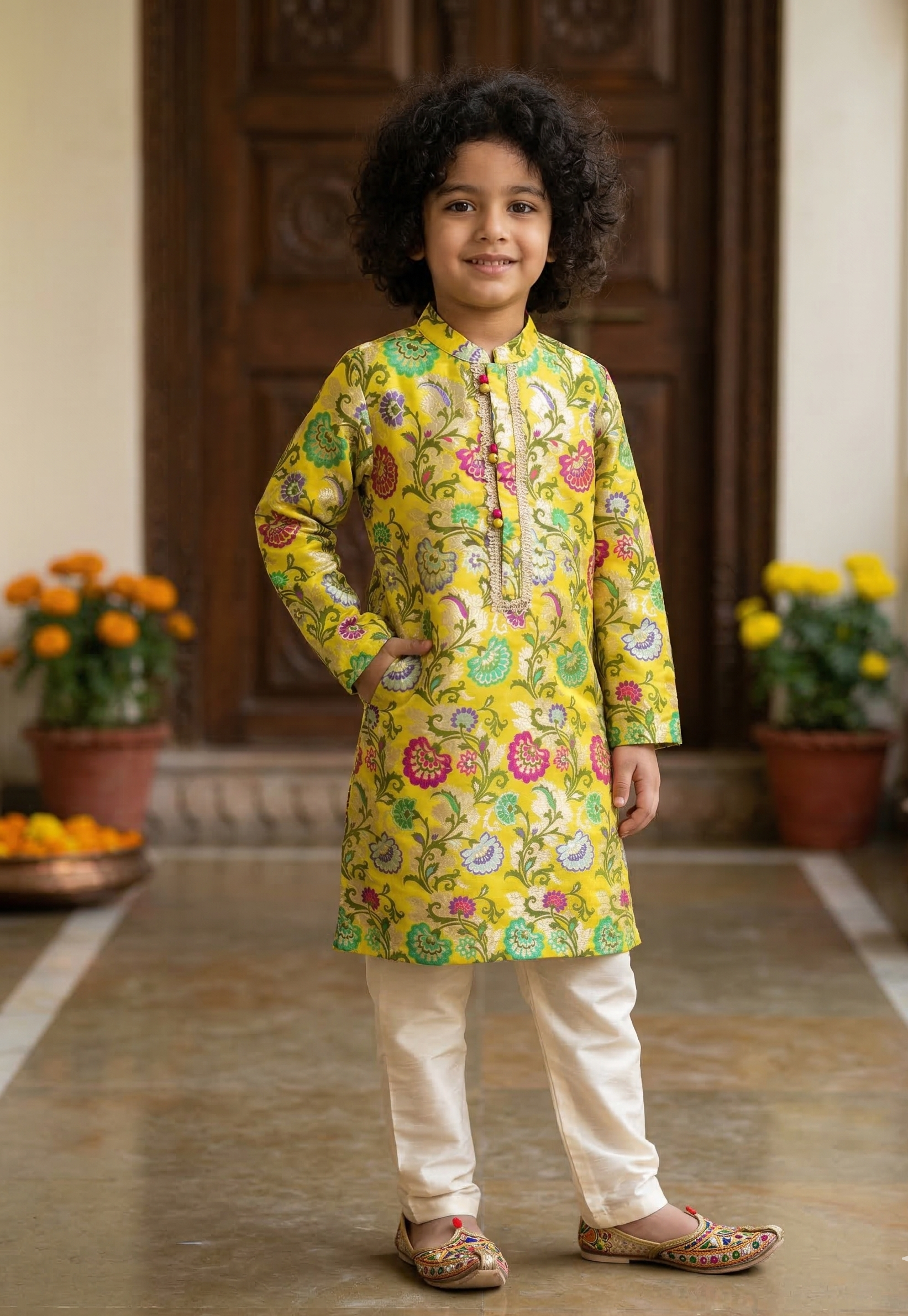 Yellow Banarasi Silk Boys Kurta Pajama Set with Ivory Pajamas