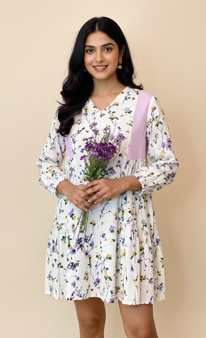 Lavender Floral Linen Midi Dress - CuddlesClothing