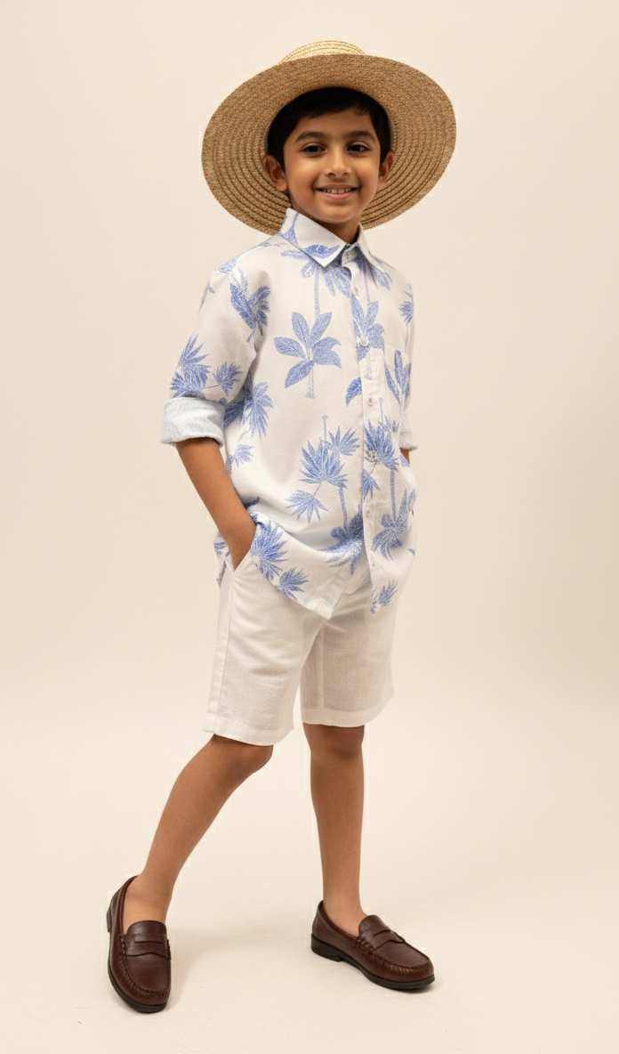 Boys' Blue Palm Tree Print Cotton Shirt - CuddlesClothing