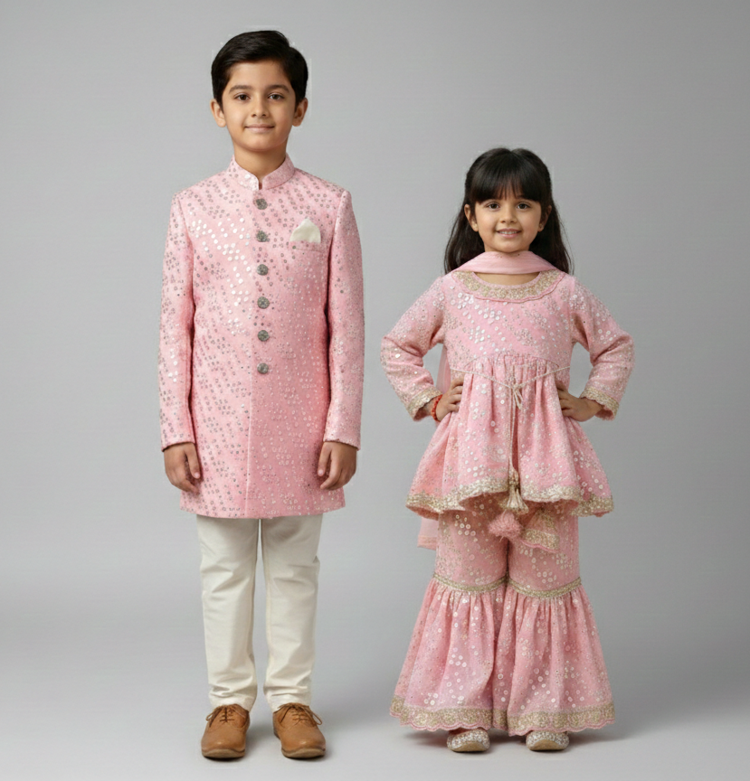 Pink Mirror Work Achkan for Boys with Off-White Pants - CuddlesClothing