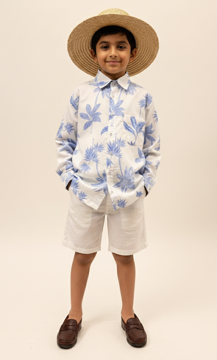Boys' Blue Palm Tree Print Cotton Shirt - CuddlesClothing