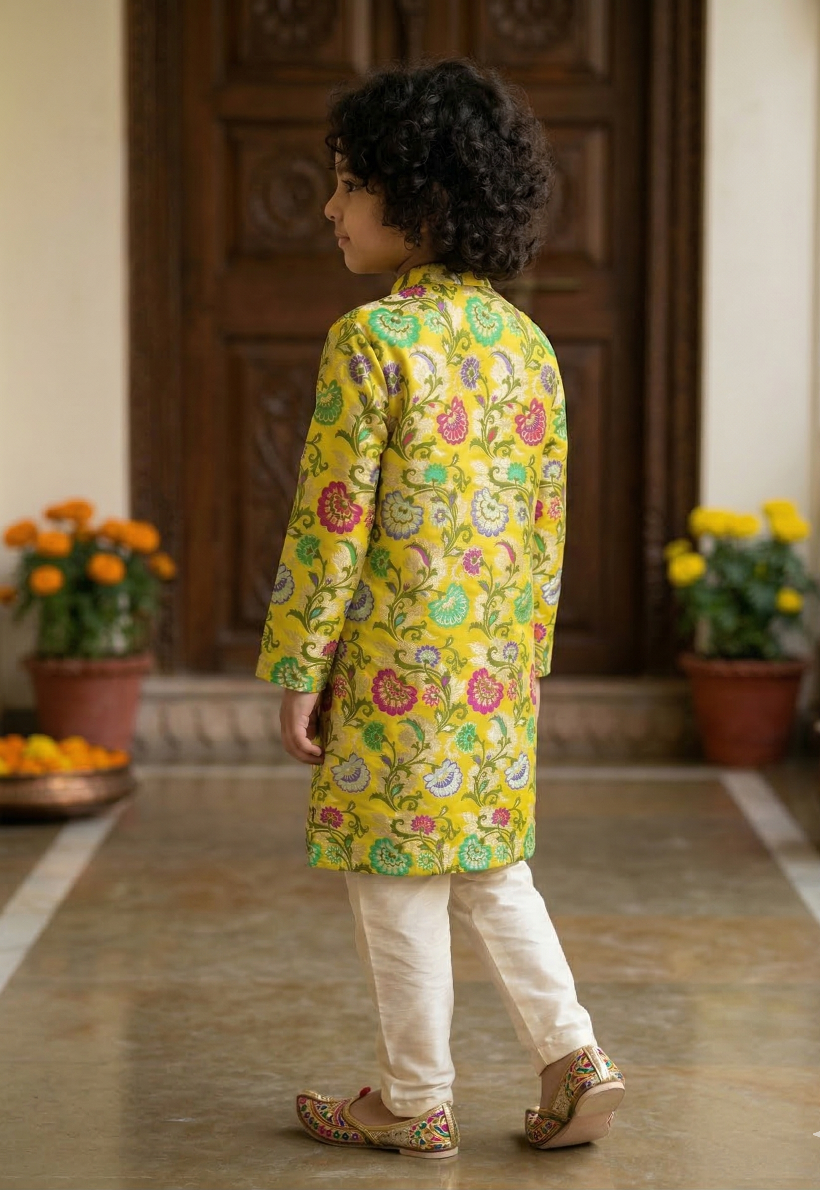 Yellow Banarasi Silk Boys Kurta Pajama Set with Ivory Pajamas